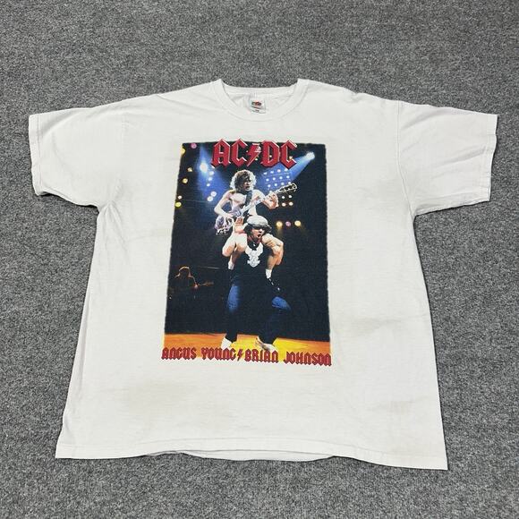 Fruit of the Loom Other - AC DC Angus Young Brian Johnson XL Shirt White Band Cotton Short Sleeve GUC